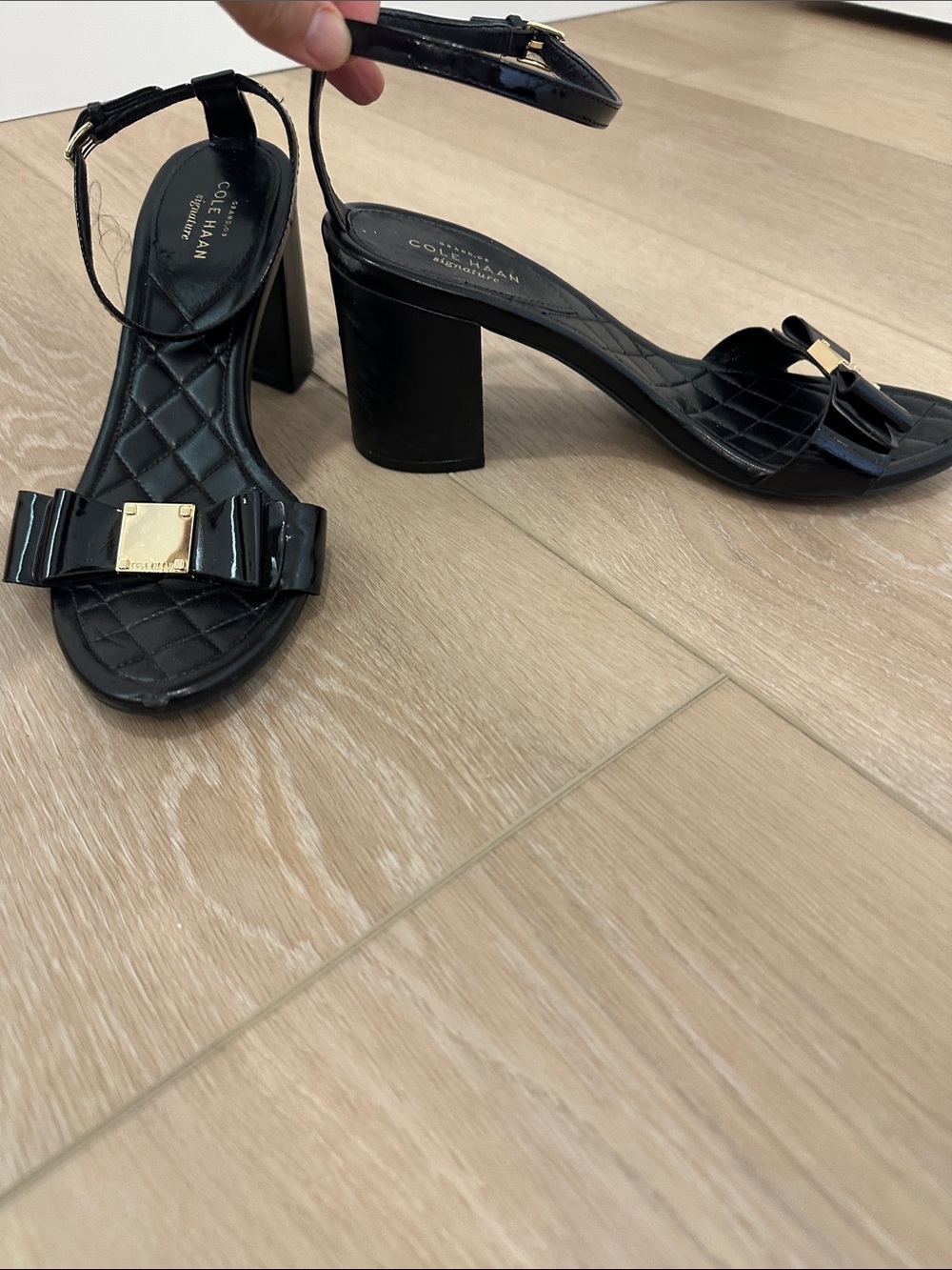 Cole Haan Black Patent Leather Block Heel Sandals with Bow Accent